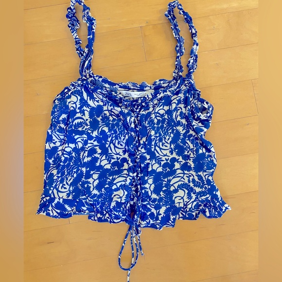 Zara Tops Zara Blue Floral Lace Up Tank Poshmark